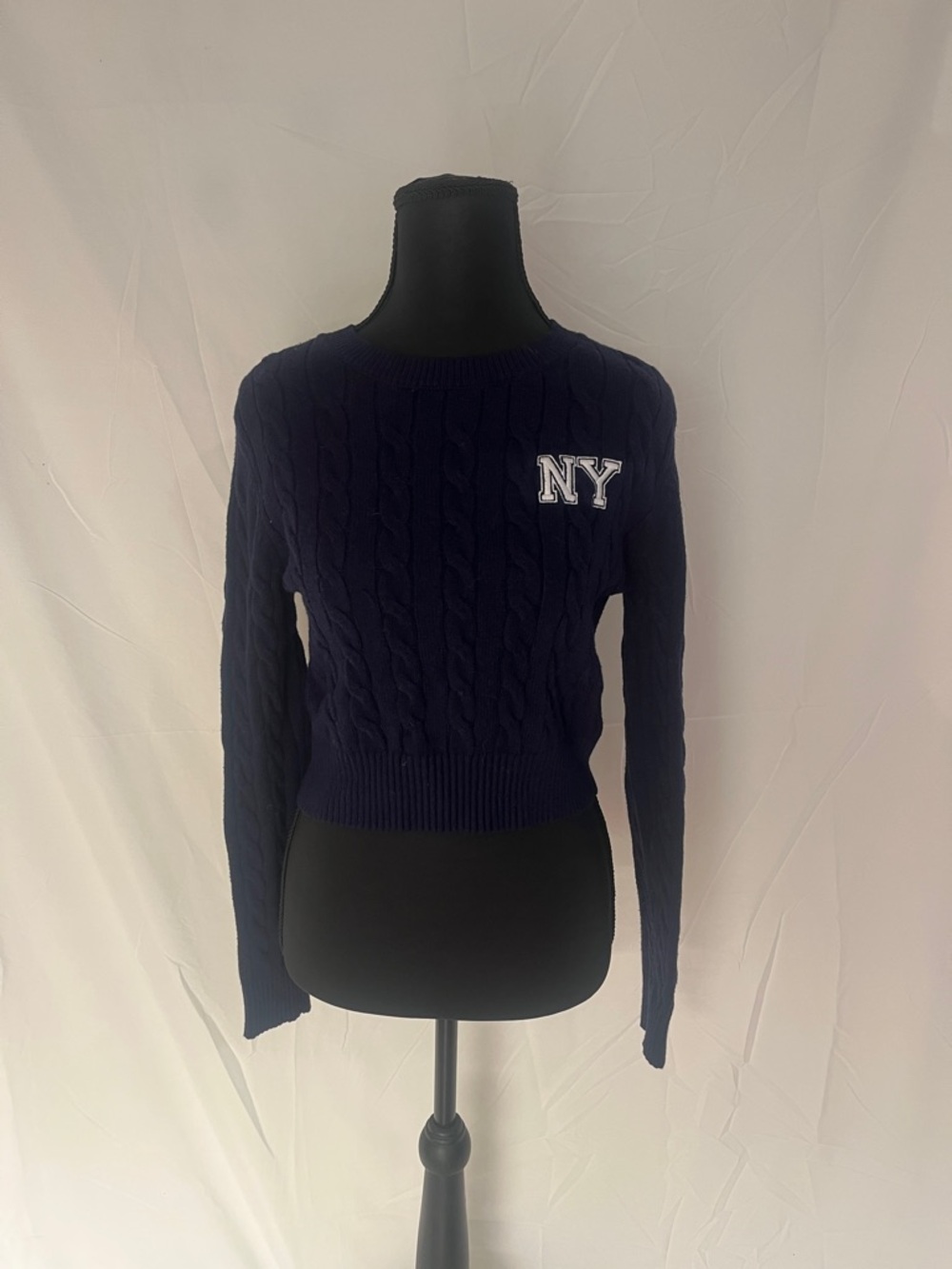 Arden B Navy Cable-Knit Crewneck Sweater with NY Patch